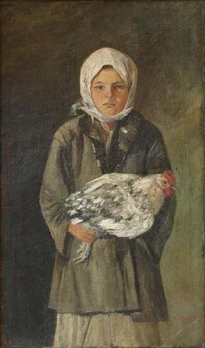 Ion Andreescu Girl holding a chicken oil painting picture